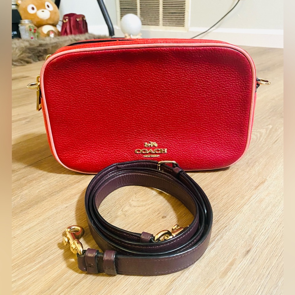 Coach Large Crossbody Leather Bag With Long Strap, Red/Pink